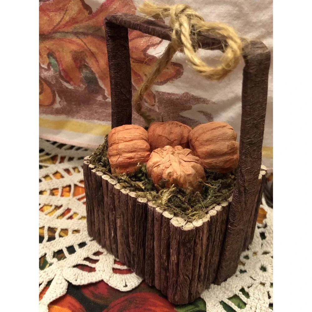 Pier 1 Imports Fall Decor Paper Mache Pumpkins Wood Stick Basket 4